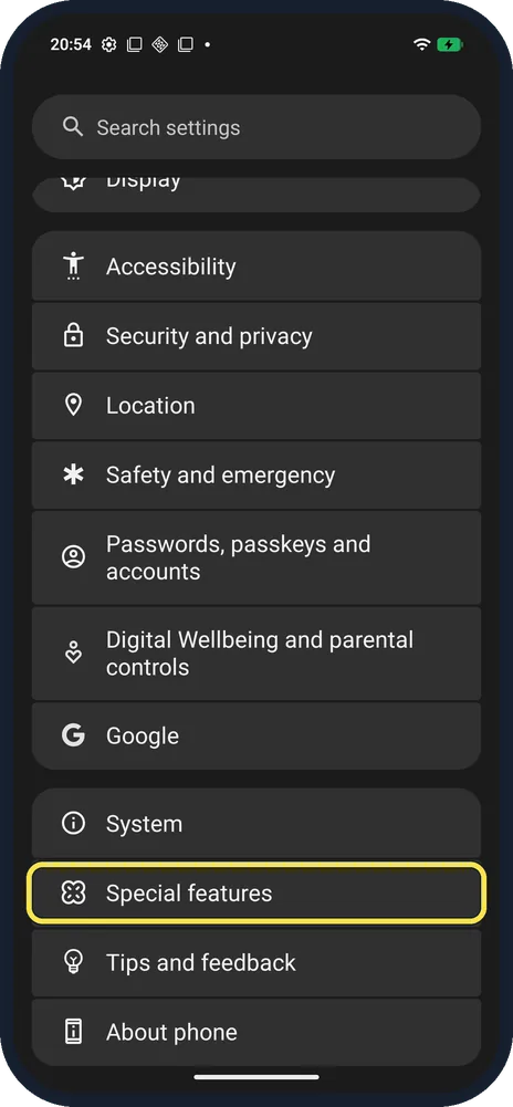 Android screenshot: Open Special features