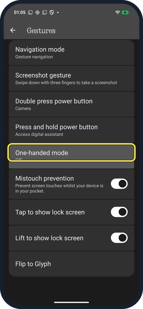 Android screenshot: Tap One-handed mode