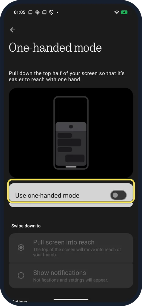 Android screenshot: Turn on Use one-handed mode