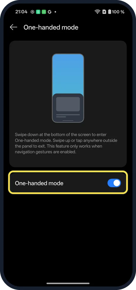Android screenshot: Switch on One-handed mode