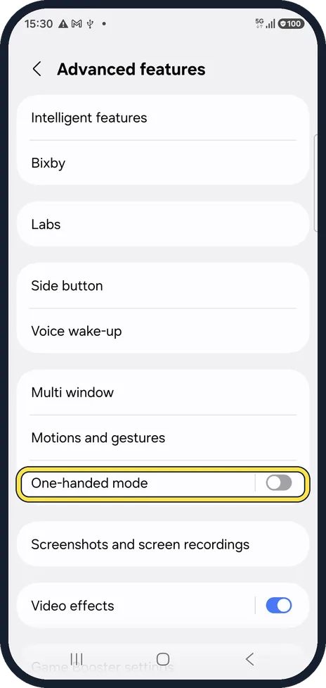 Android screenshot: Open Advanced features