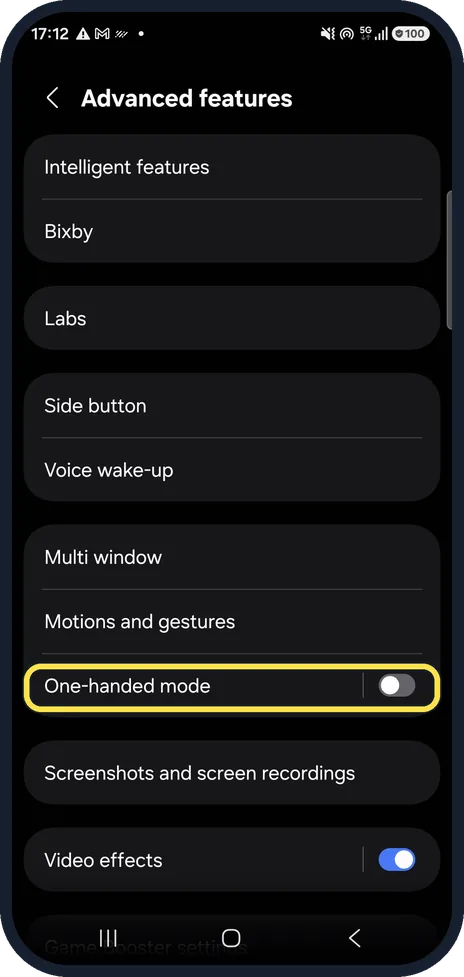 Android screenshot: Open Advanced features