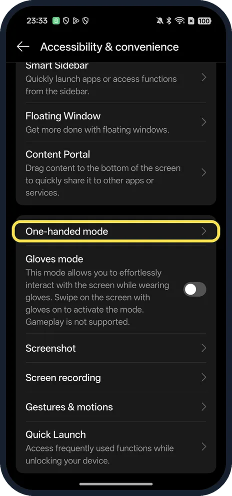 Android screenshot: Tap One-handed mode