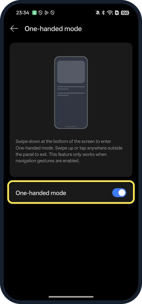 Android screenshot: Turn on One-handed mode