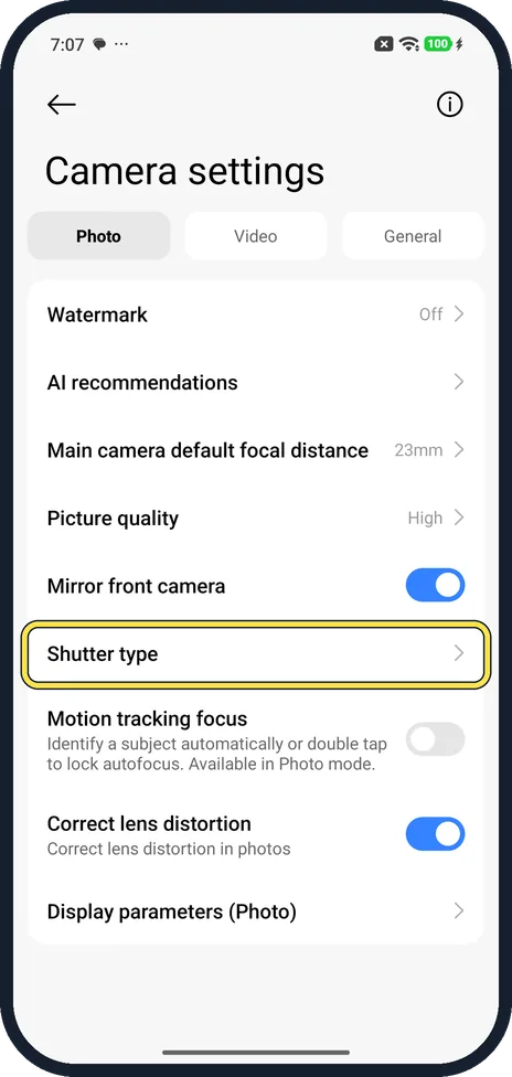 Android screenshot: Tap Shutter type