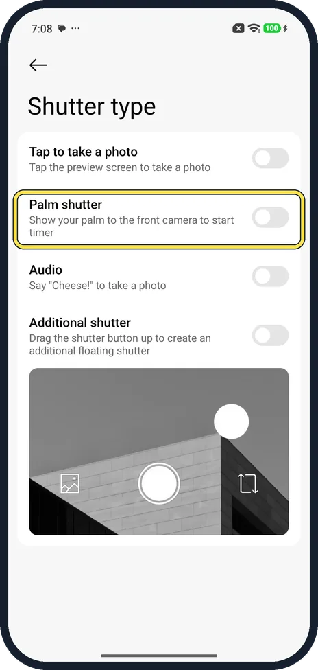 Android screenshot: Palm shutter