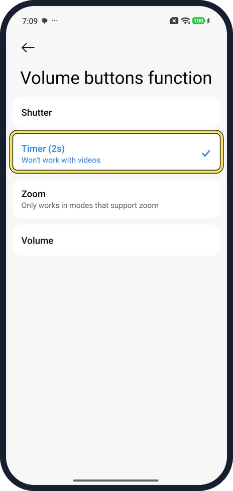 Android screenshot: Use a volume button as a timer