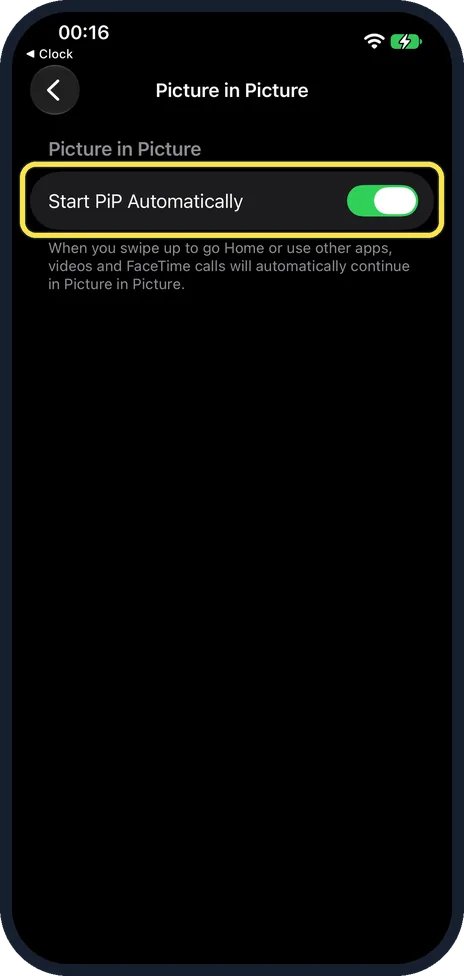 iPhone screen: Check Start PiP Automatically
