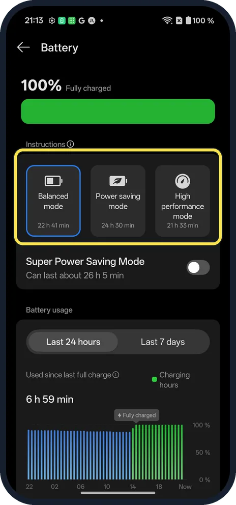 Android screenshot: Open Battery