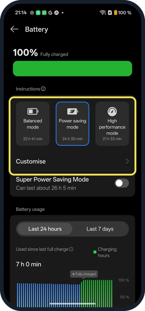 Android screenshot: Tap Power saving mode