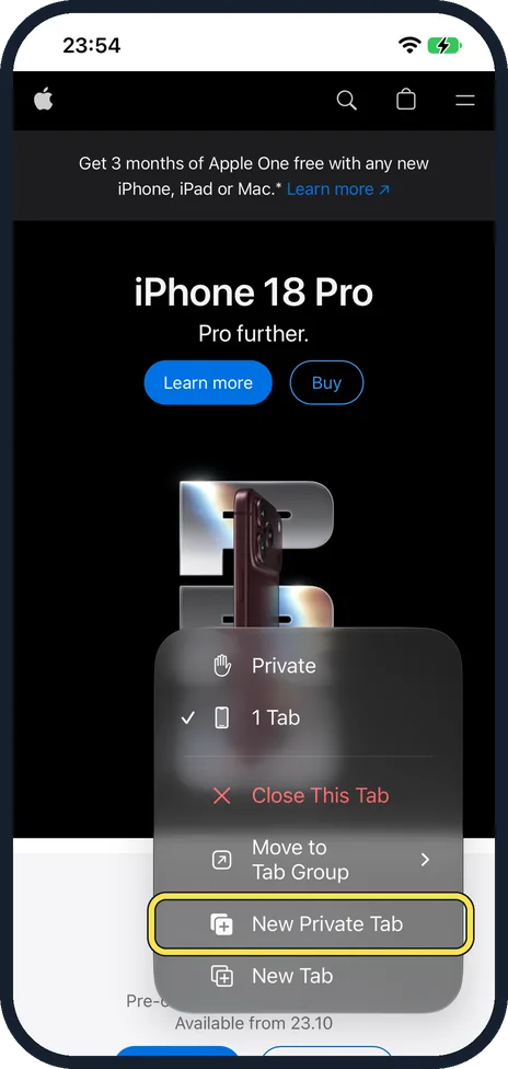 iPhone screen: Tap New Private Tab