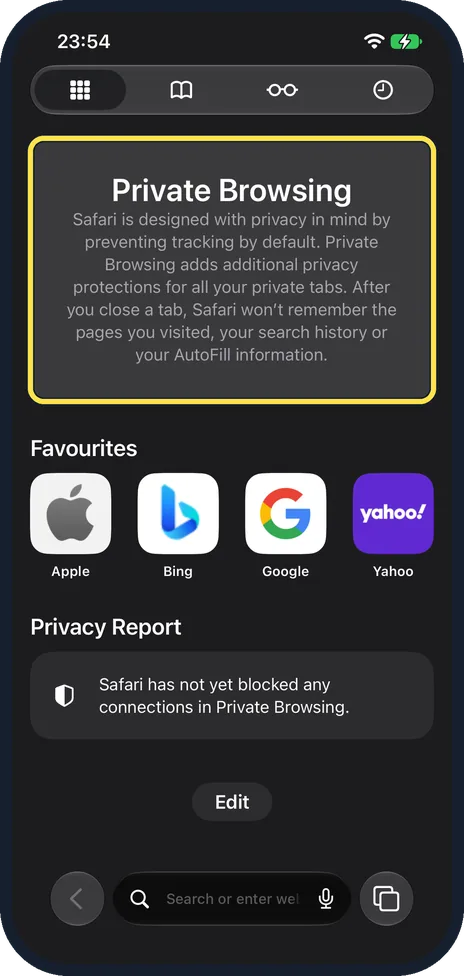 iPhone screen: Check that you are browsing privately