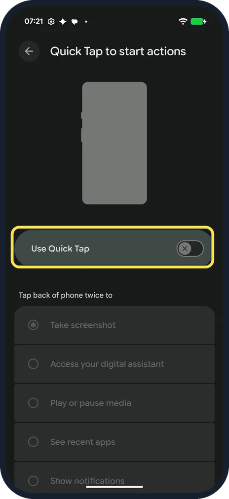 Android screenshot: Turn on Use Quick Tap