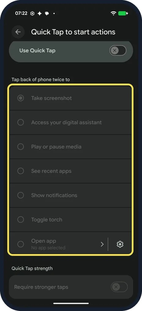 Android screenshot: Pick what two taps do