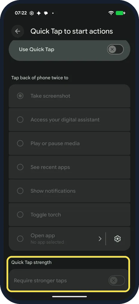 Android screenshot: Quick Tap strength