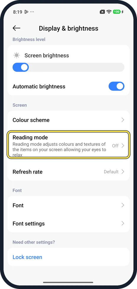 Android screenshot: Open Reading mode