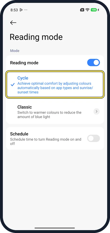 Android screenshot: Cycle mode