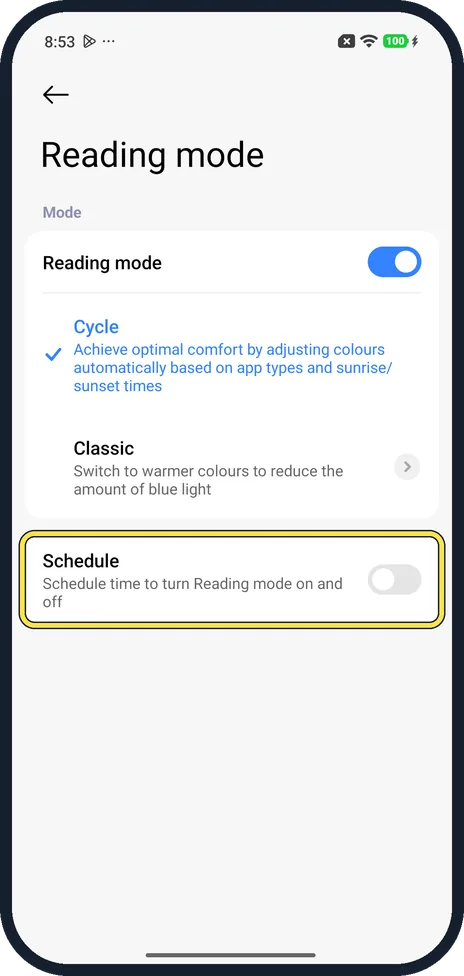 Android screenshot: Set a schedule
