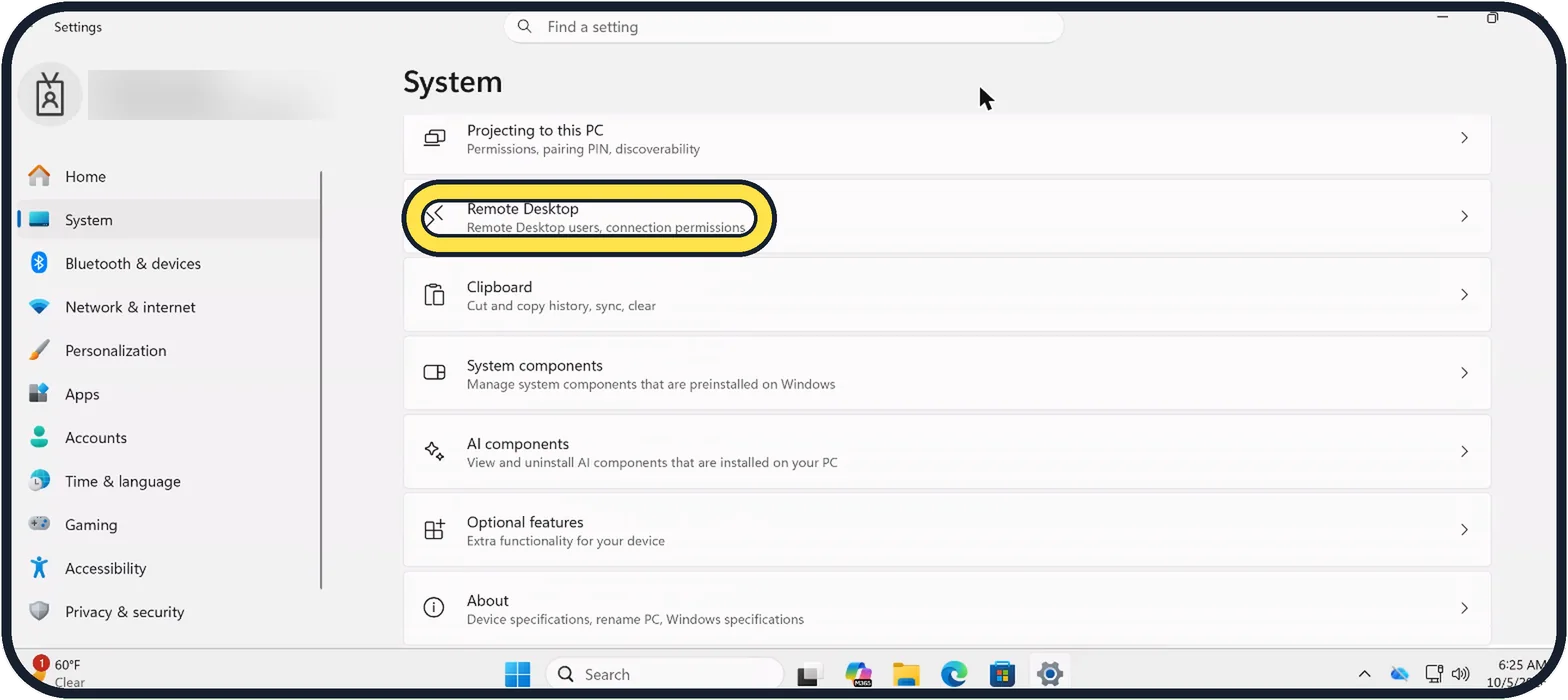 Windows screenshot: Turn on Remote Desktop
