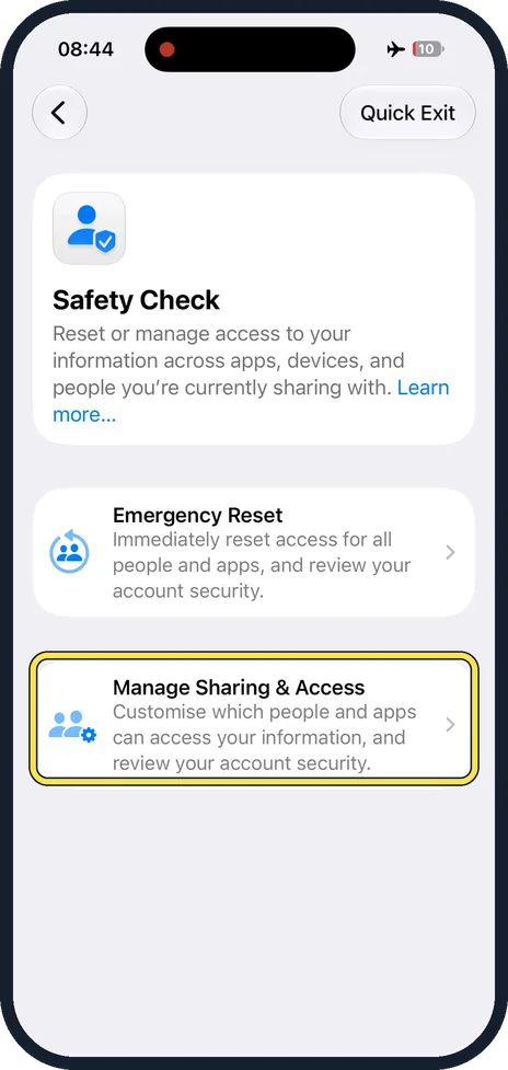 iPhone screen: Use Manage Sharing & Access for a careful review