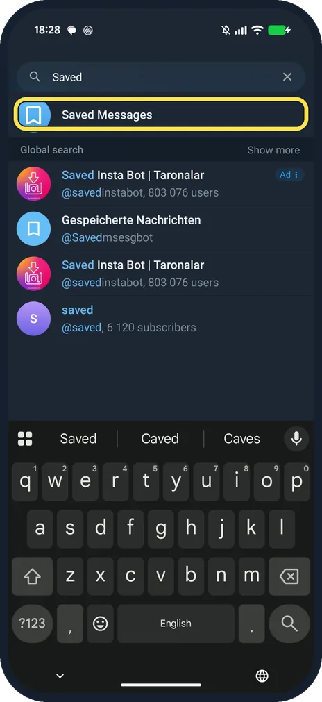 Screenshot from the guide: How to use Saved Messages in Telegram on Android