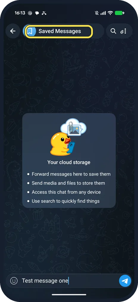 Android screenshot: Open Saved Messages