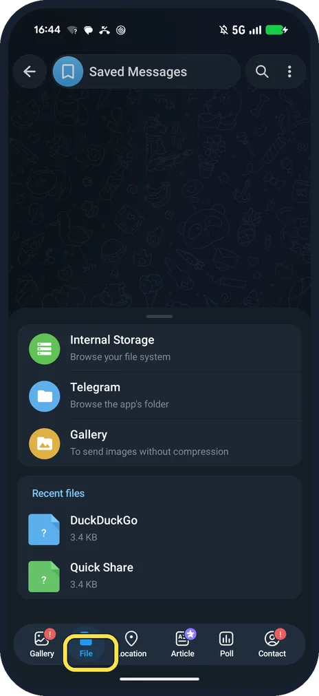 Android screenshot: Tap the paperclip, then File