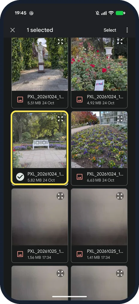 Android screenshot: Browse to the photo and tick it