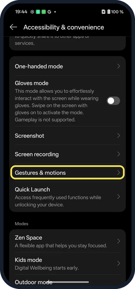 Android screenshot: Tap Gestures & motions