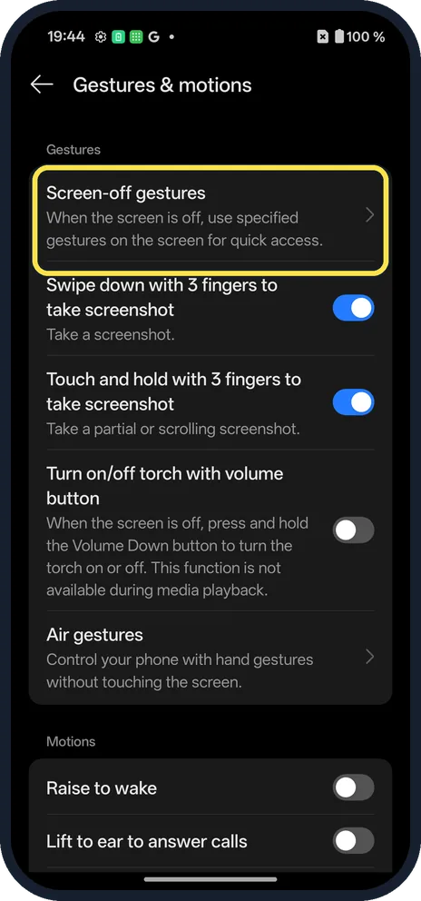 Android screenshot: Tap Screen-off gestures
