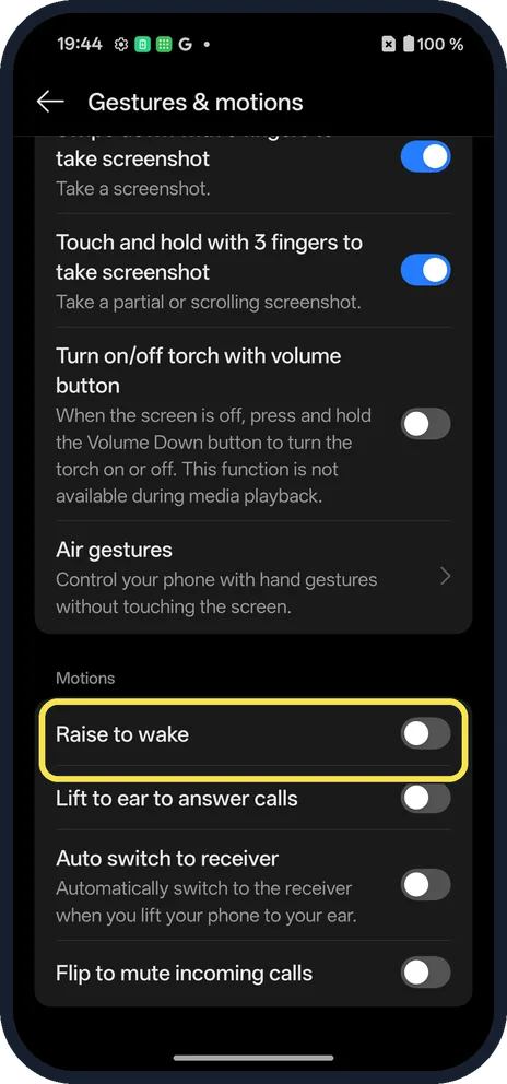 Android screenshot: Raise to wake