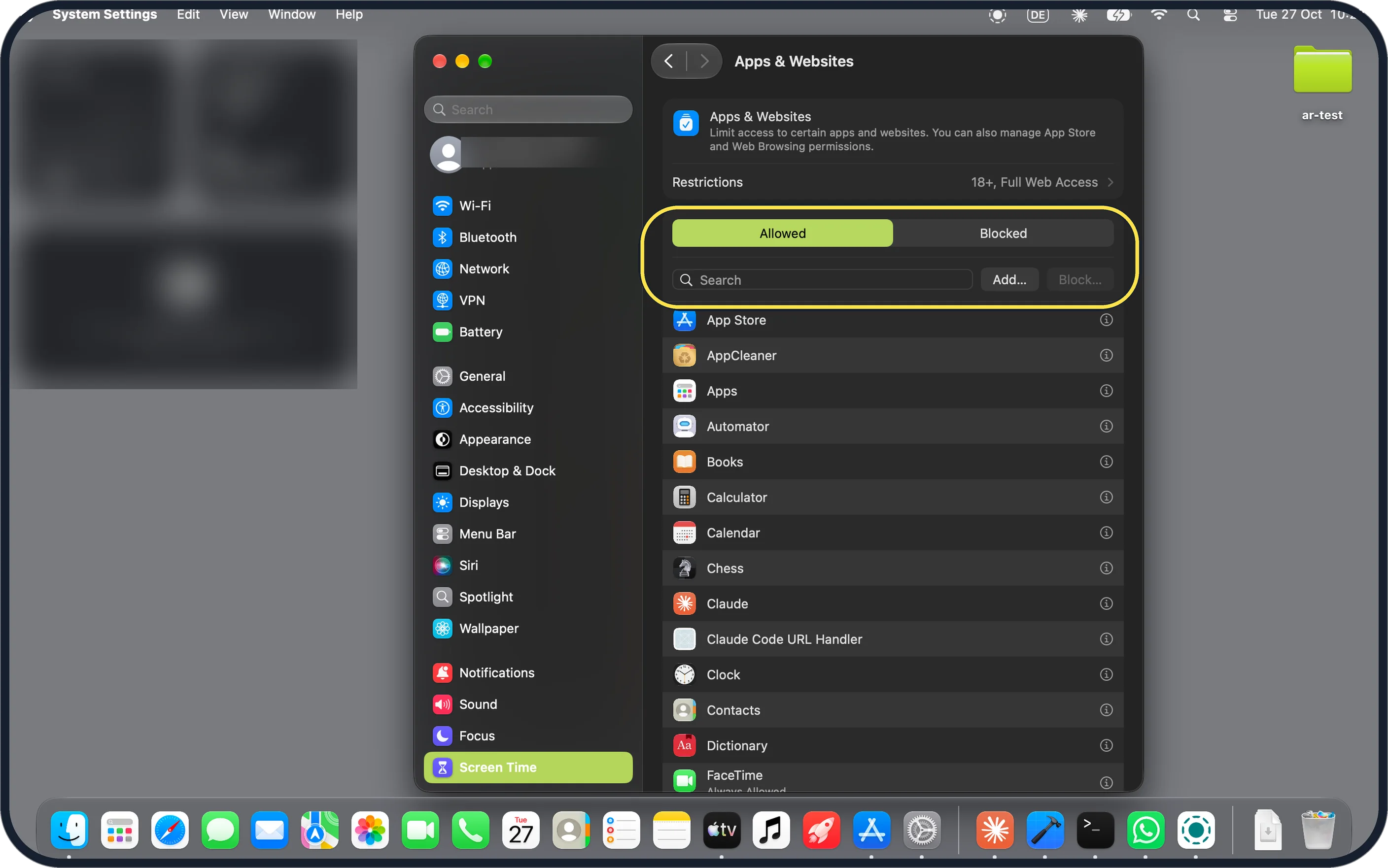 Mac screenshot: Allow or block apps in Apps & Websites