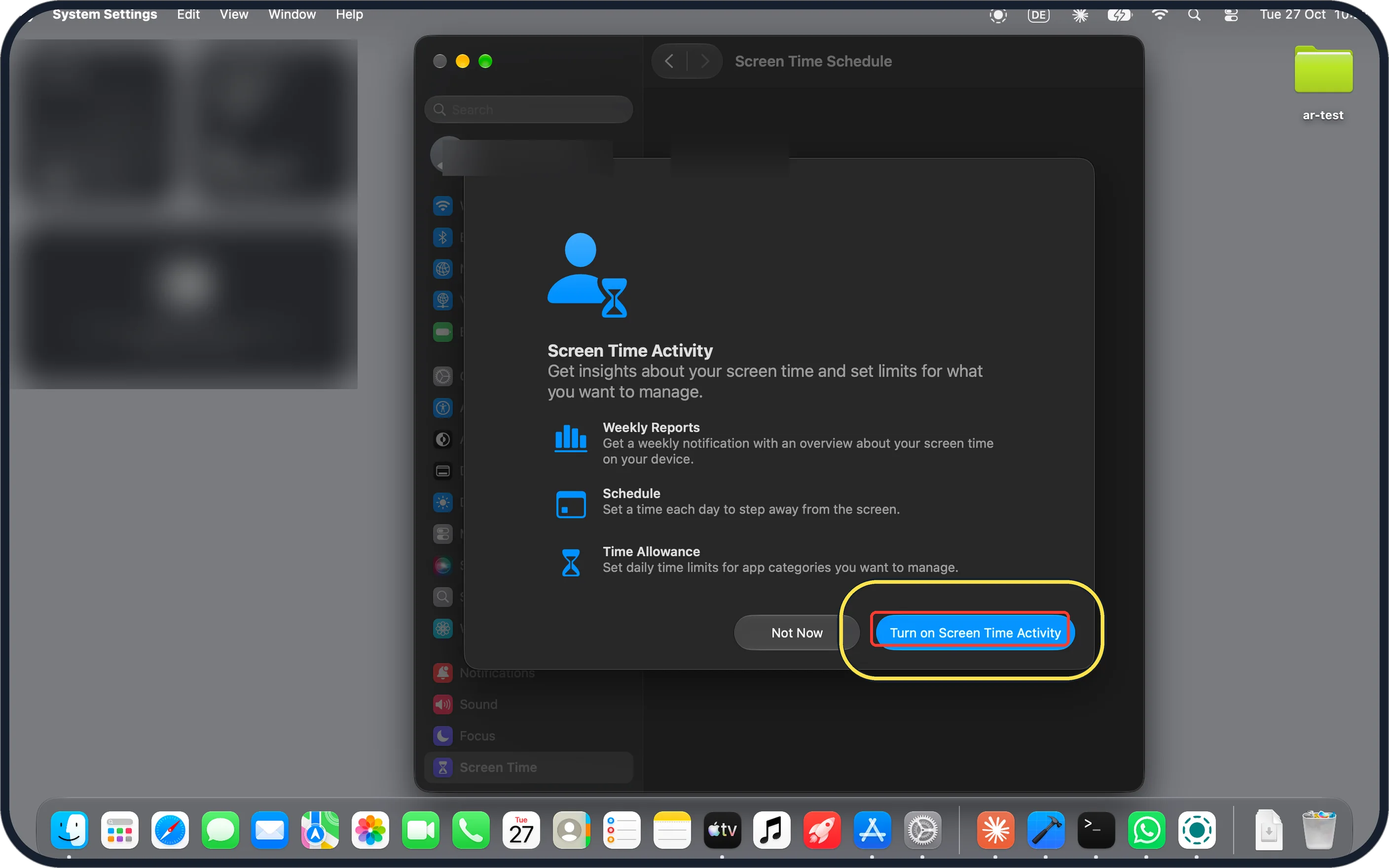 Mac screenshot: Turn on Screen Time Activity for a schedule