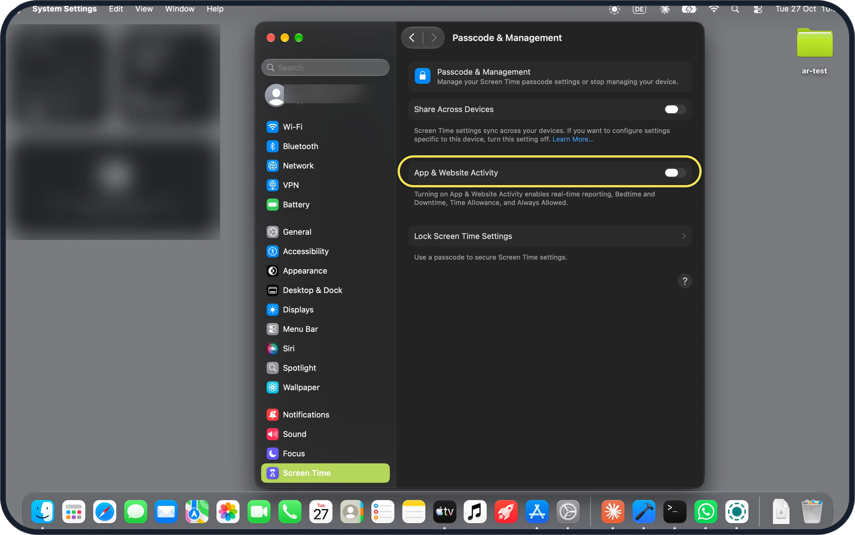 Mac screenshot: Switch on App & Website Activity for reports