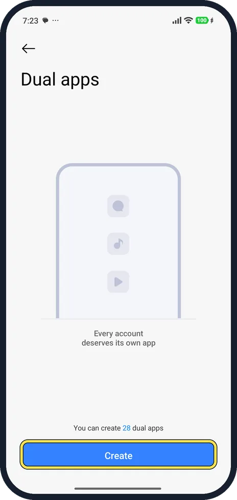 Android screenshot: Tap Create