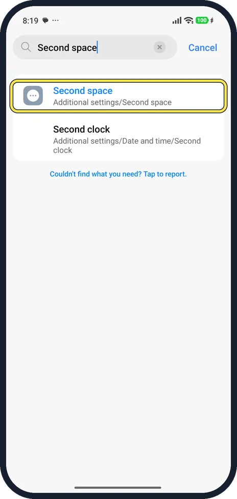 Android screenshot: Find Second space