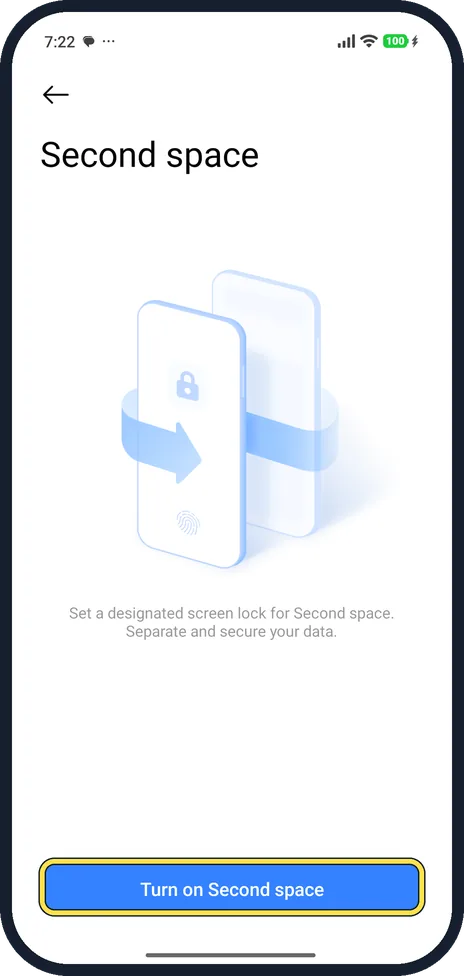 Android screenshot: Turn on Second space