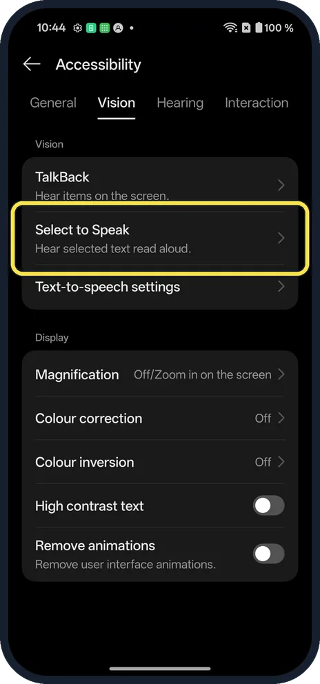 Android screenshot: Open Select to Speak