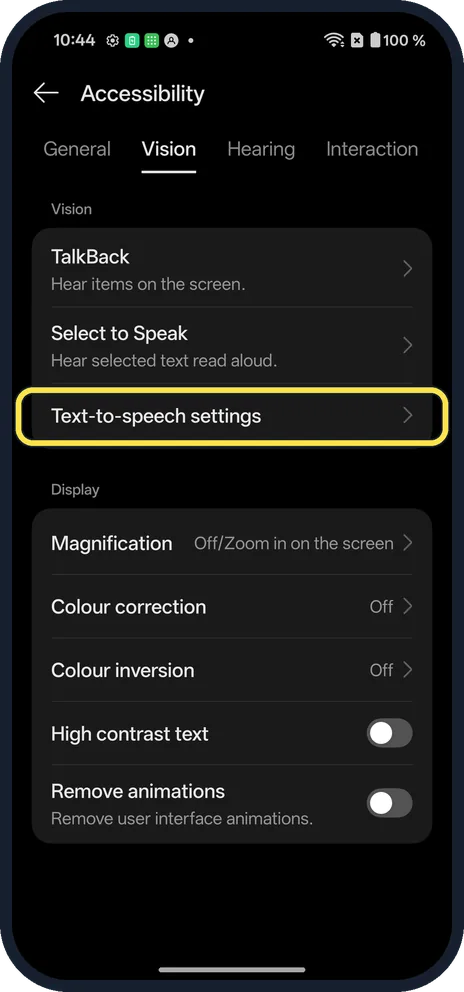Android screenshot: Open Text-to-speech settings