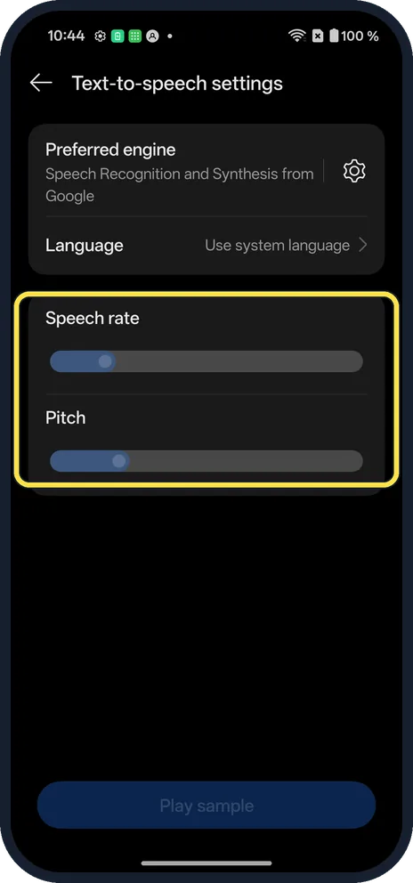Android screenshot: Set speed and pitch