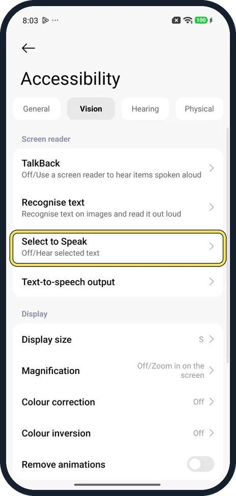 Android screenshot: Tap Select to Speak