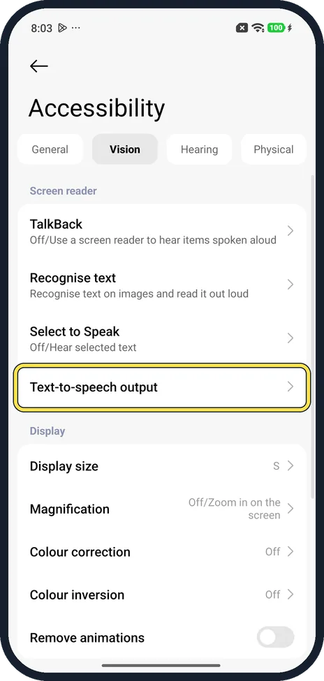 Android screenshot: Open Text-to-speech output