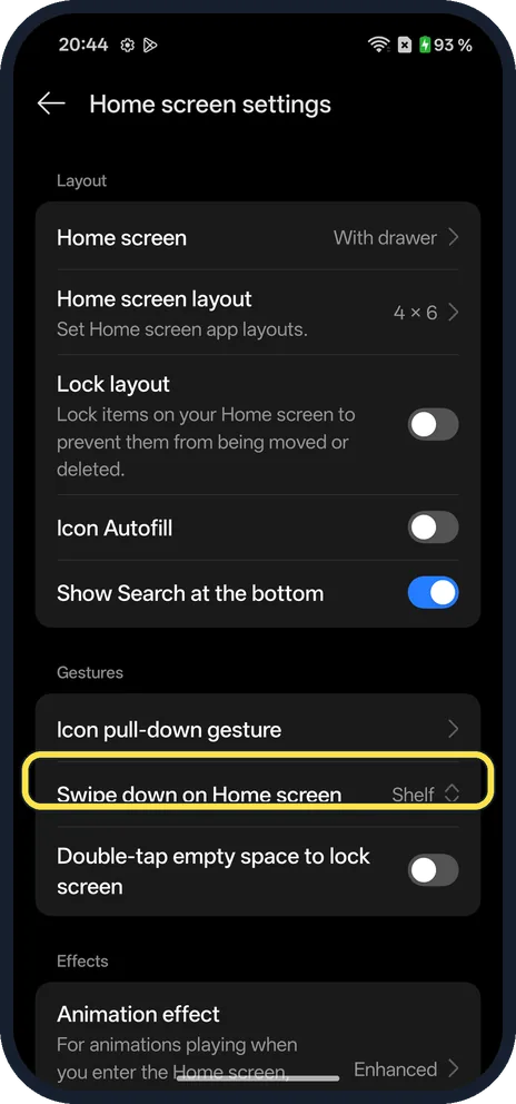 Android screenshot: Change what the swipe opens