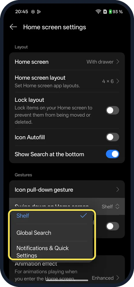 Android screenshot: Pick notifications or search