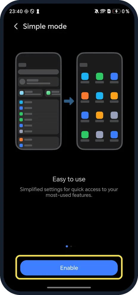 Android screenshot: Tap Enable