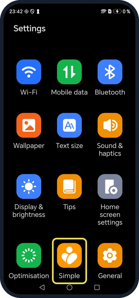 Android screenshot: To leave, tap Simple in Settings