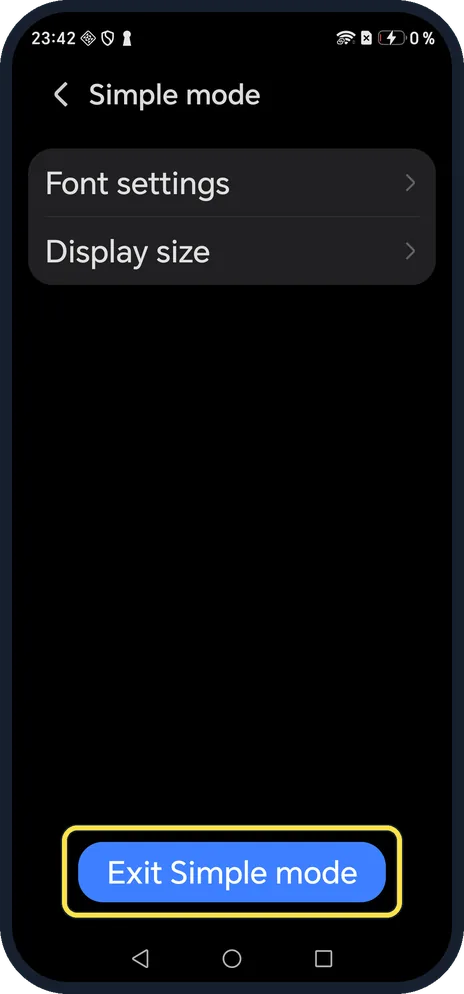 Android screenshot: Tap Exit Simple mode