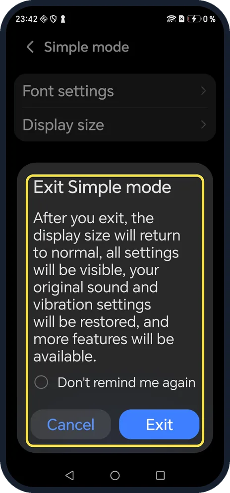 Android screenshot: Confirm with Exit