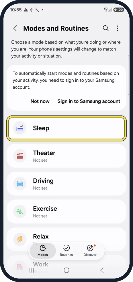 Android screenshot: Open Modes and Routines