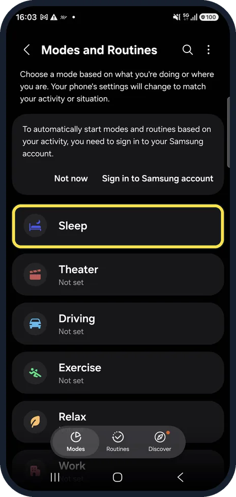 Android screenshot: Open Modes and Routines